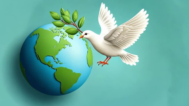 White dove with olive branch flying over earth for peace and harmony. International Day of Peace, World Peace Day, UN Peace Day - Global Celebration