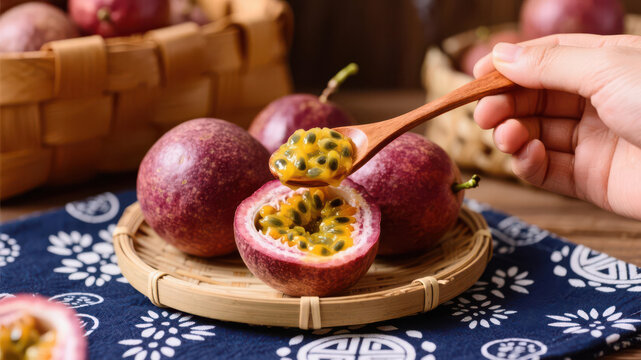 Yellow Passion Fruit Halved, Showcasing Rich Pulp and Black Seeds, Tropical Elixir Exposed