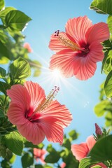 Fototapeta premium Tropical garden hibiscus stunning close-up photography of vibrant flowers in bright sunlight