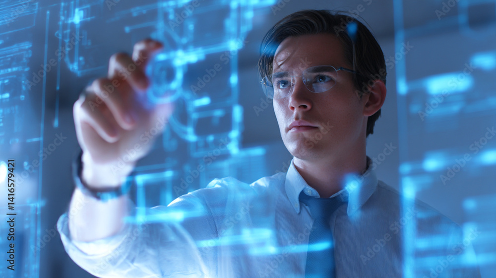 Poster man interacting with digital interface futuristic technology ai innovation virtual reality