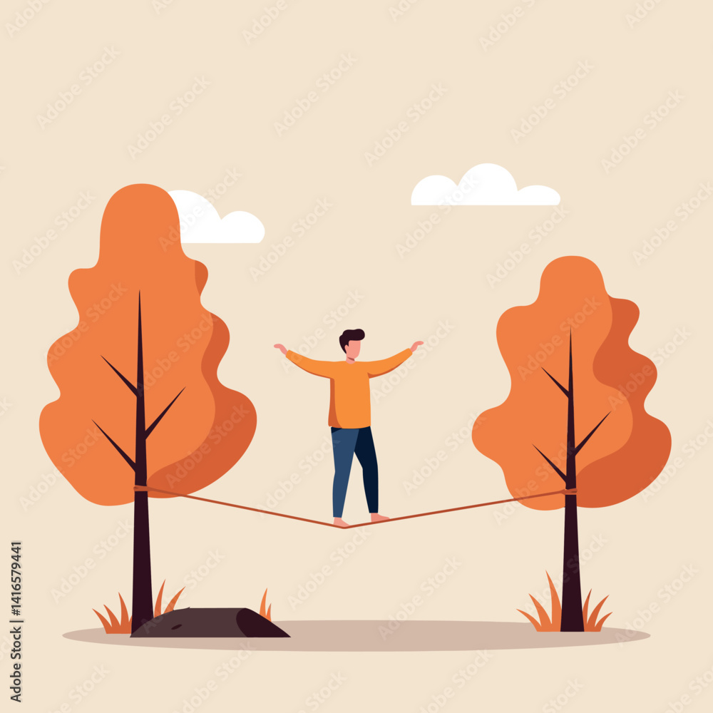 Poster man balancing on tightrope between orange autumn trees in minimal flat design vector illustration