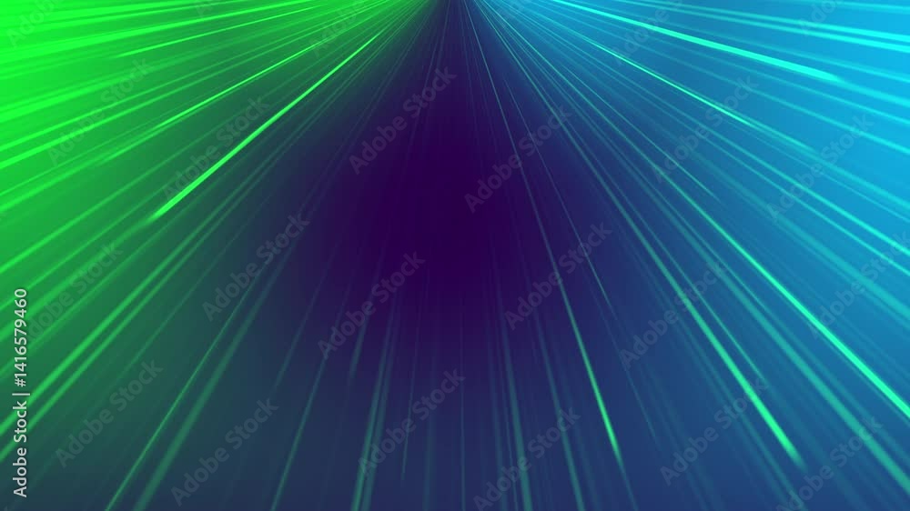 Poster animated abstract background featuring bright green and blue light rays converging towards a point i