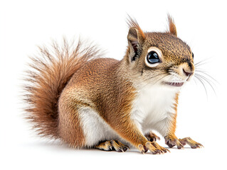 A cute grey squirrel, a furry mammal with a bushy tail, enjoys eating a nut on a white background
