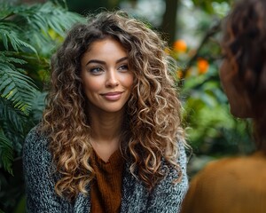 A serene portrait of a woman in a tranquil garden setting