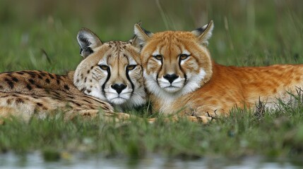 Two cheetahs resting peacefully in lush grassland during safari adventure displaying their spotted coats and feline elegance amidst wildlife tranquility