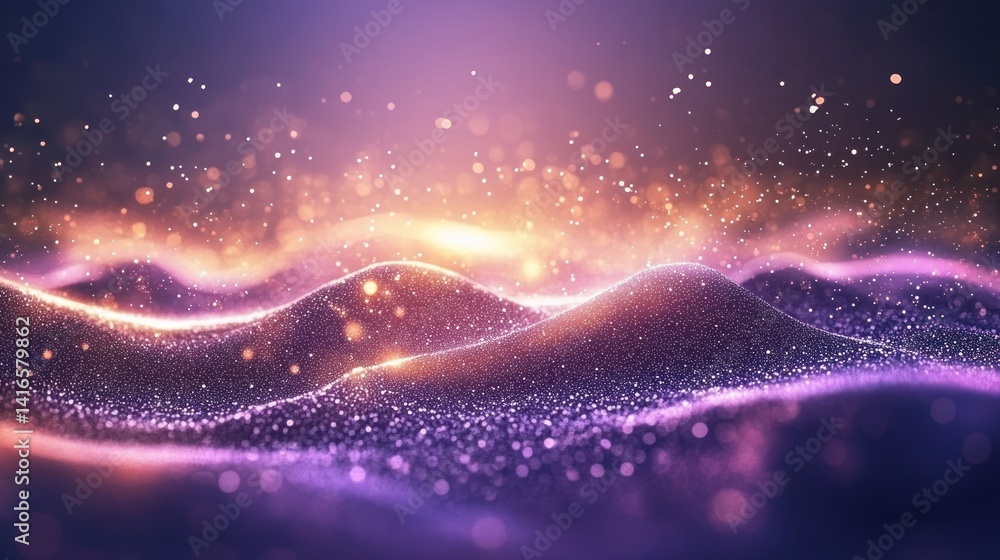 Poster abstract shimmering landscape evoking celestial wonder with flowing waves of light and sparkling par