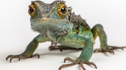 Fototapeta premium Detailed close-up capturing a vibrant green chameleon with textured skin and piercing amber eyes standing against a plain white background enhancing focus