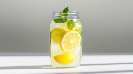 Fototapeta premium Refreshing Iced Lemon-Mint Drink in a Glass Jar