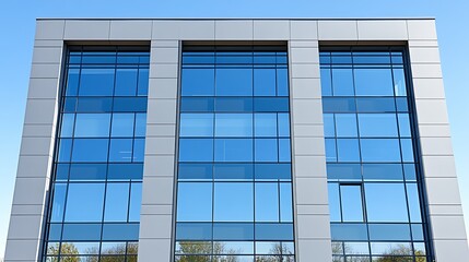 Obraz premium Modern office building with reflective glass windows and a clean white facade against a bright blue sky