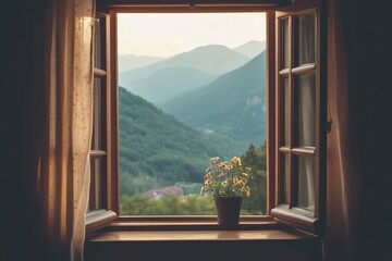 open window with a mountain view