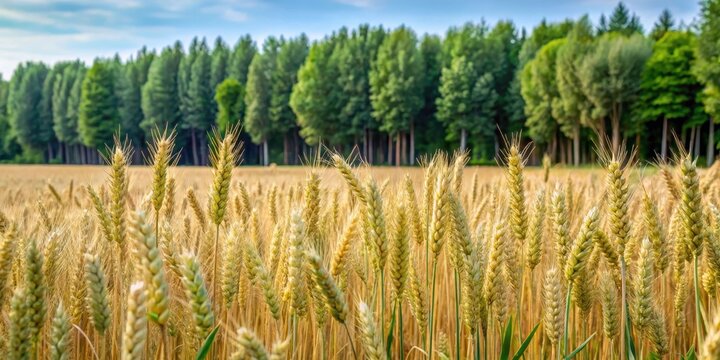 Dense wheat stalks and tares grow together in a lush green field with tall trees in the background , fields, wheat,  fields