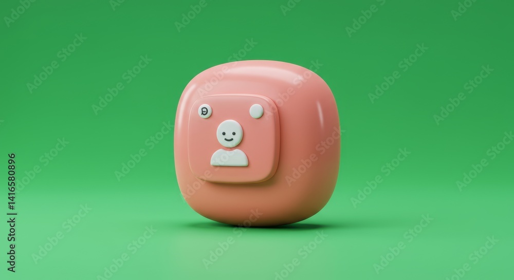 Poster 3d rendering of a social media profile icon with a smiling face on a green background for online pre