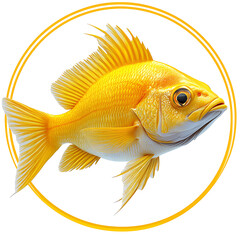 Vibrant golden fish with intricate details isolated on white background,depicting aquatic life and ornamental fish breed,set against a circular frame