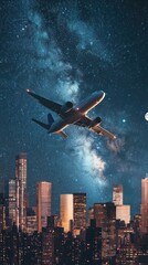 Celestial flight, airplane soars through starry night over modern skyline