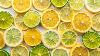 Obraz premium Vibrant yellow and green lemon slices arranged in a stylized pattern on a white background with subtle texture , fresh summer, colorful lemons