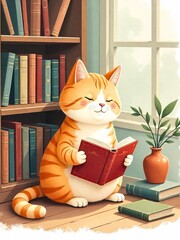 Cat Reading a Book, Cute Cat Reading, Funny Cat Reading Book, Orange Cat Reading, Cartoon Cat Reading, Cat, Reading, Book, Cute, Funny, Orange, Cartoon, Animal, Pet, Feline, Literature, Learning, 