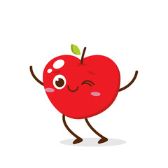 Cute red apple cartoon character with winking eye, showing a Excited pose. Perfect for kids illustrations, healthy food designs, or educational materials. Isolated on white background with soft shadow