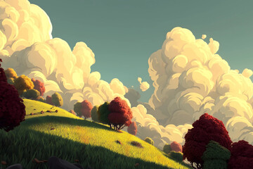 vibrant landscape features rolling hills adorned with colorful trees under sky filled with fluffy clouds. scene evokes sense of tranquility and beauty, inviting viewers to explore nature wonders