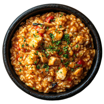 Extreme top view of an extremely perfect looking risotto alla pescatora in a dark iron bowl isolated on a white transparent background
