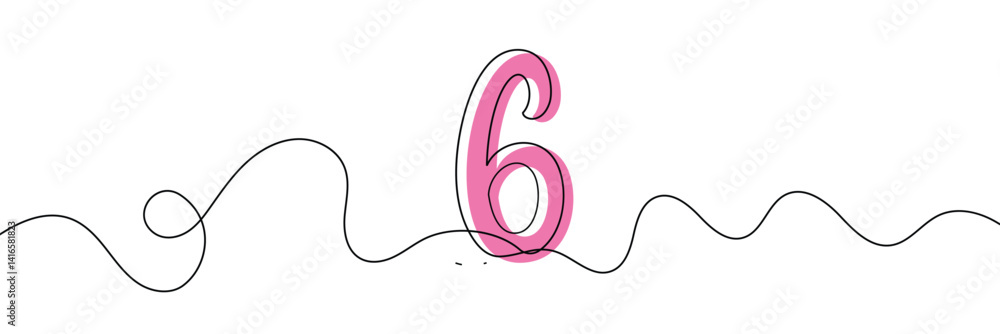 Aufkleber number 6 in continuous line drawing style. line art of number nine. vector illustration. abstract dr