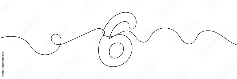 Poster number 6 in continuous line drawing style. line art of number nine. vector illustration. abstract dr