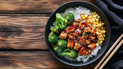 Teriyaki Chicken Rice Bowl with Broccoli and Corn on Wooden Surface