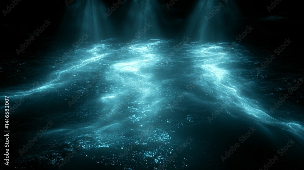 Poster mystical underwater bioluminescence streams illuminating the abyssal plain with glowing particles ra