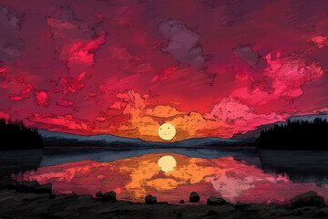 stunning landscape showcases vibrant sunset over tranquil lake, with colorful clouds reflecting on water surface. scene evokes sense of peace and natural beauty