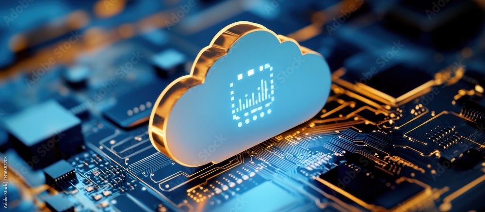 Poster a visually compelling illustration portraying cloud computing on a motherboard, symbolizing the inte