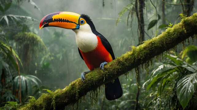  toco toucan  a toco toucan with a beak that glows like a sunset perches on a mossy branch