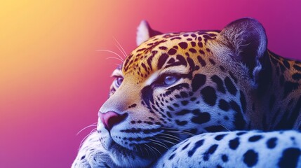 Obraz premium Intenseclose-upofaleopard'sface,exhibitingitsdistinctivepatternandtexture,enhancedbyavibrantanddreamlike,orangeandpurplelightingscheme,makingitasymbolofbeauty