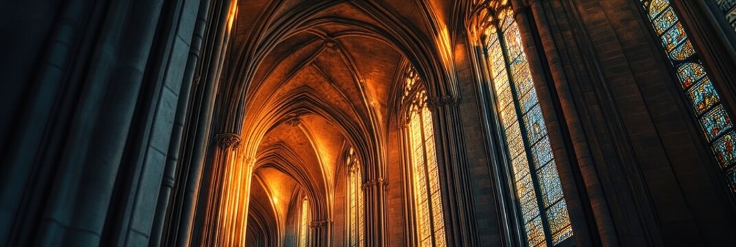 Ethereal light streams through gothic arches and stained glass windows
