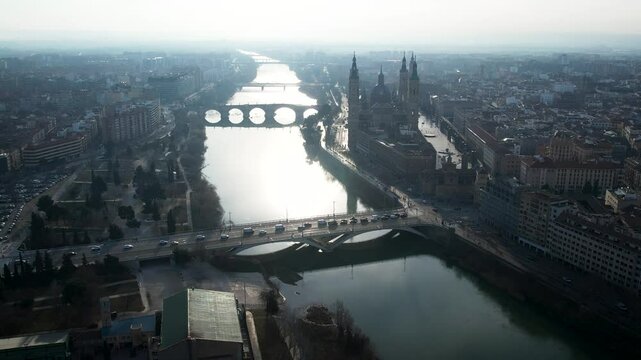 Zaragoza Cathedral of Pilar aerial view over the river and the city. High quality 4k footage
