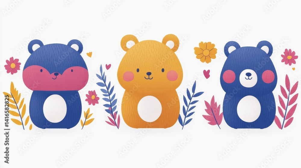 Poster charming pixel art with playful bears and whimsical foliage a delightful blend of modern design and 