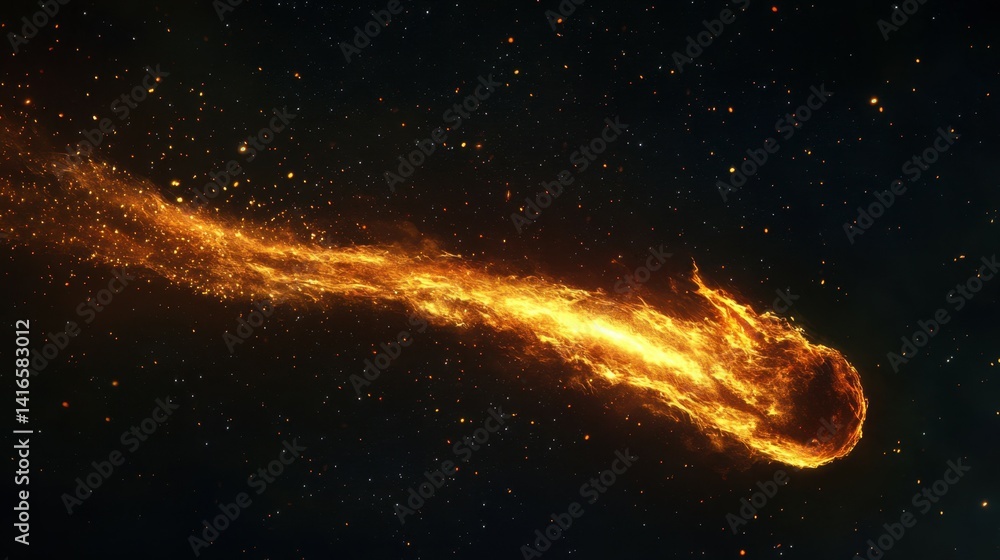 Poster luminous flame trailing from a fiery comet into the dark starry sky