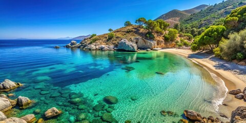 Fototapeta premium Serene beach scene at Livadi, Ikaria island, with crystal clear blue water and lush greenery in the background , crystal clear water, greek islands