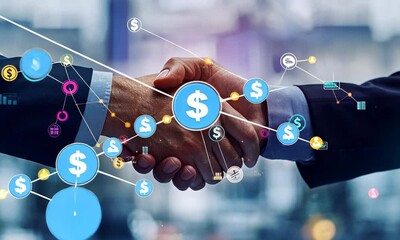 double exposure of a handshake between two business professionals overlaid with symbols of finance like dollar signs, coins, and pie charts - Powered by Adobe