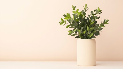 Fototapeta premium Serene Illumination of Simple Green Plant in Minimalistic Pot on Soft Neutral Background