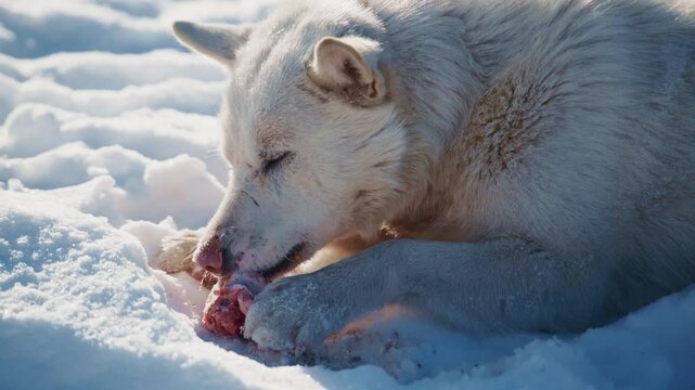 Experience the breathtaking sight of an Arctic wolf savoring its prey in the pristine snowy wilderness, revealing the aweinspiring beauty of nature and the fight for survival in harsh conditions