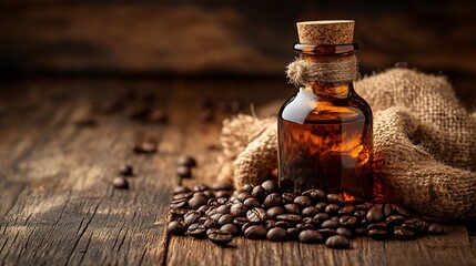 Coffee bean oil in amber bottle on wood.