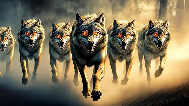 A pack of fierce wolves with glowing eyes running through a misty forest at dusk, creating an intense atmosphere