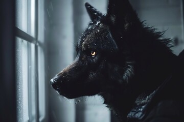 Dramatic low key shot of wolf in the darkness glowing eyes adding intensity and mystery
