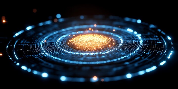 Digital futuristic interface with glowing concentric circles and particles emulating a virtual technology display