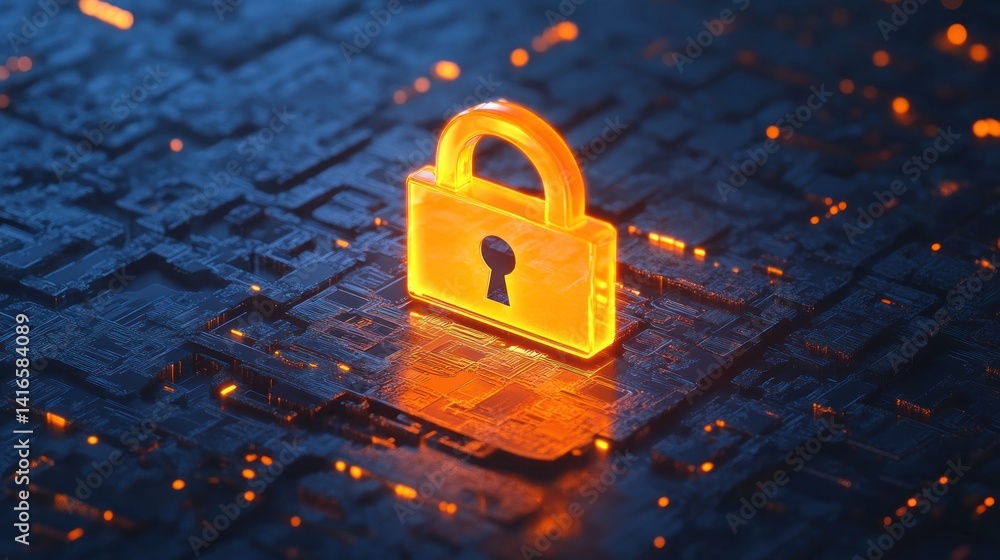 Poster digital padlock amidst circuit board architecture symbolizes cybersecurity and data protection measu