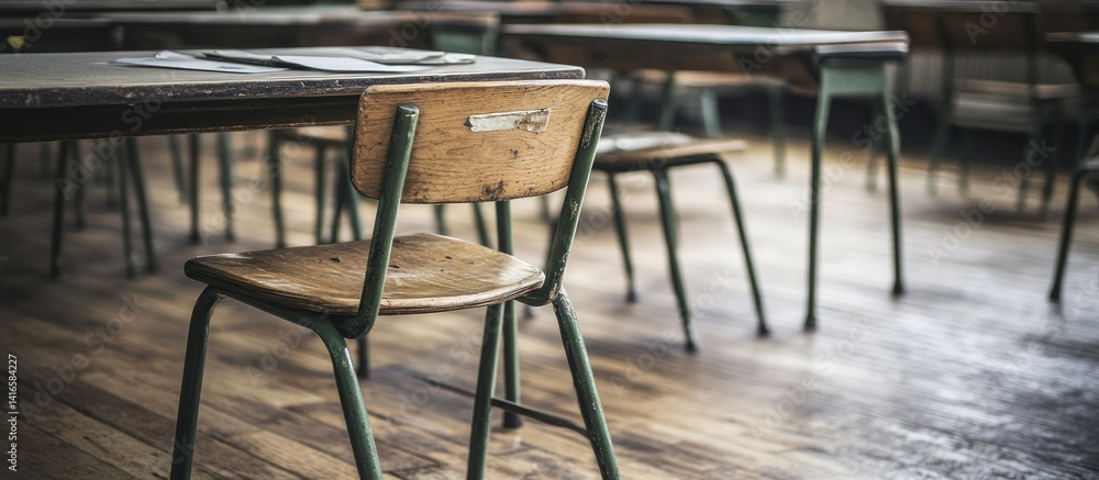Aufkleber classroom furniture evoking nostalgia and reflection on learning spaces with desks and chairs arrang