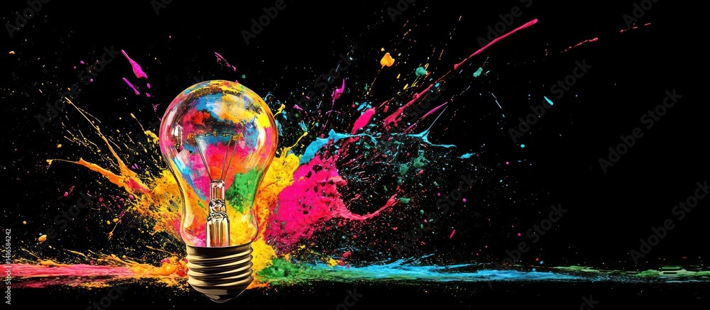 Poster a burst of creativity a light bulb filled with vibrant colors explodes against a stark black backgro