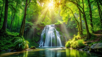 Naklejka premium Waterfall in lush green forest with sunlight filtering through trees, branches, greenery, branches, greenery, leaves