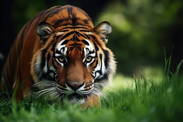 A fierce tiger stalking through the grass, its orange and black stripes rippling