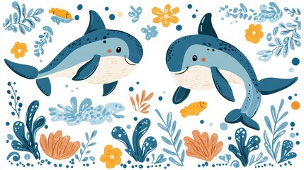 Obraz premium Delightful pixel art of marine life featuring adorable sharks swimming amidst vibrant corals seaweeds and small fishes for ocean themed designs