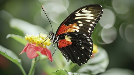 Fototapeta premium Tiger Longwing Butterfly Feeding on a Tropical Flower in a Garden